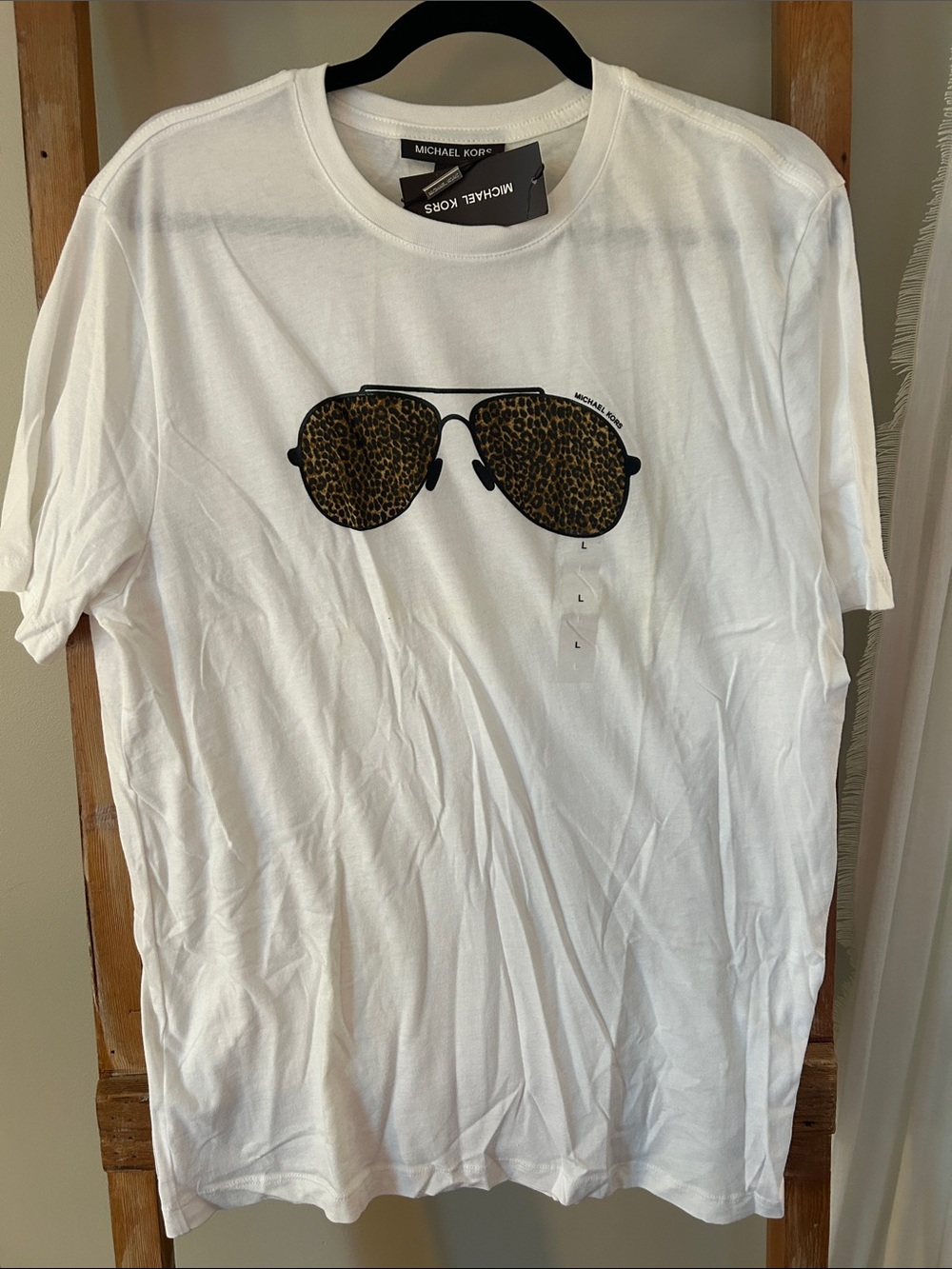 Michael Kors Men’s White Tee with Leopard Aviator Sunglasses Graphic - NWT